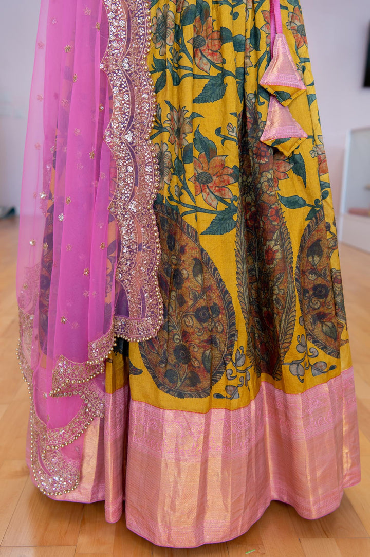 Lehengas - Mustard Yellow And Light Pink Pen Kalamkari Lehenga