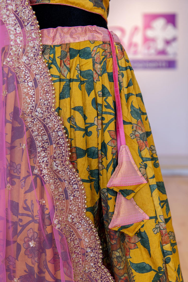 Lehengas - Mustard Yellow And Light Pink Pen Kalamkari Lehenga