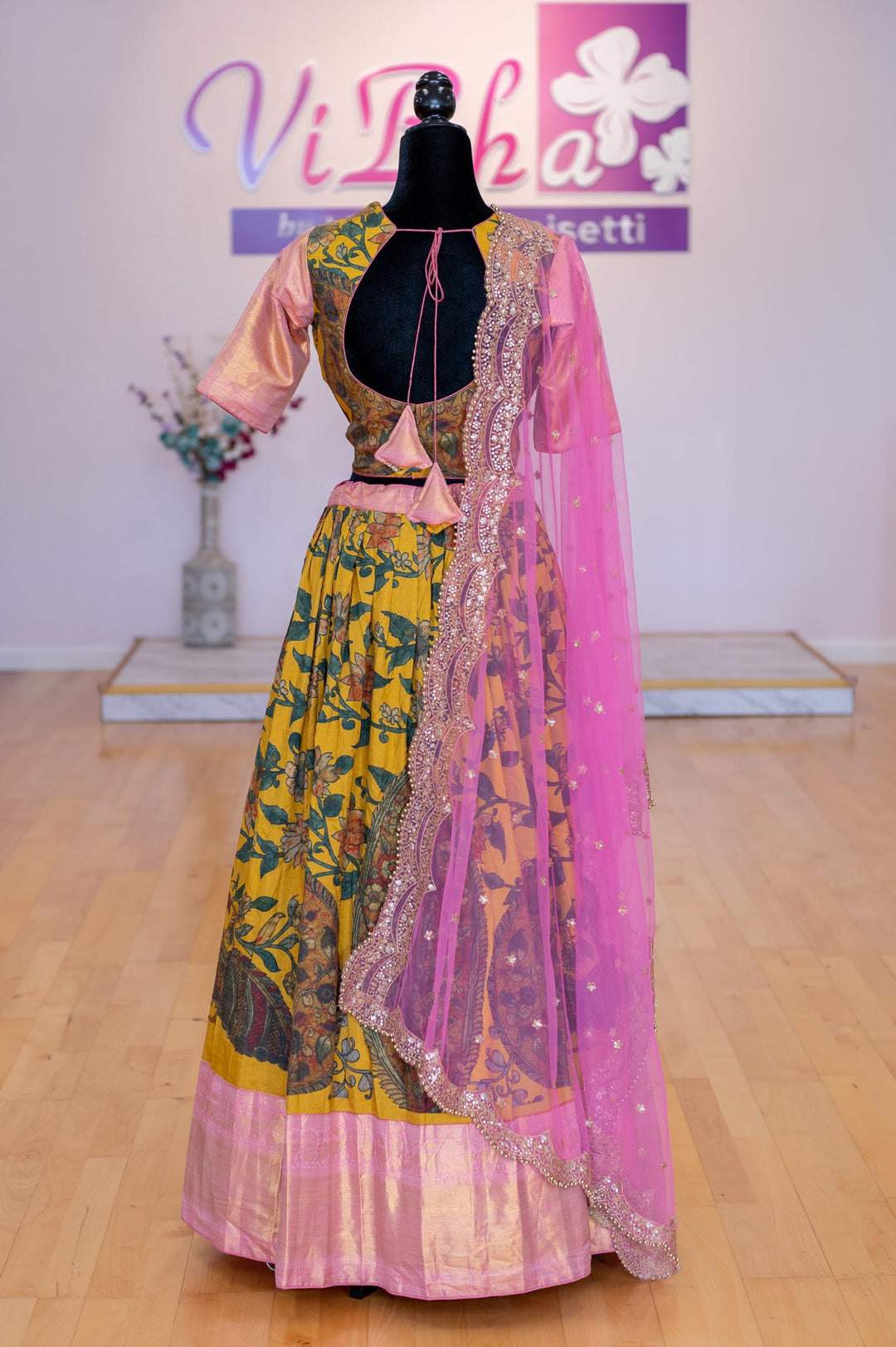 Lehengas - Mustard Yellow And Light Pink Pen Kalamkari Lehenga