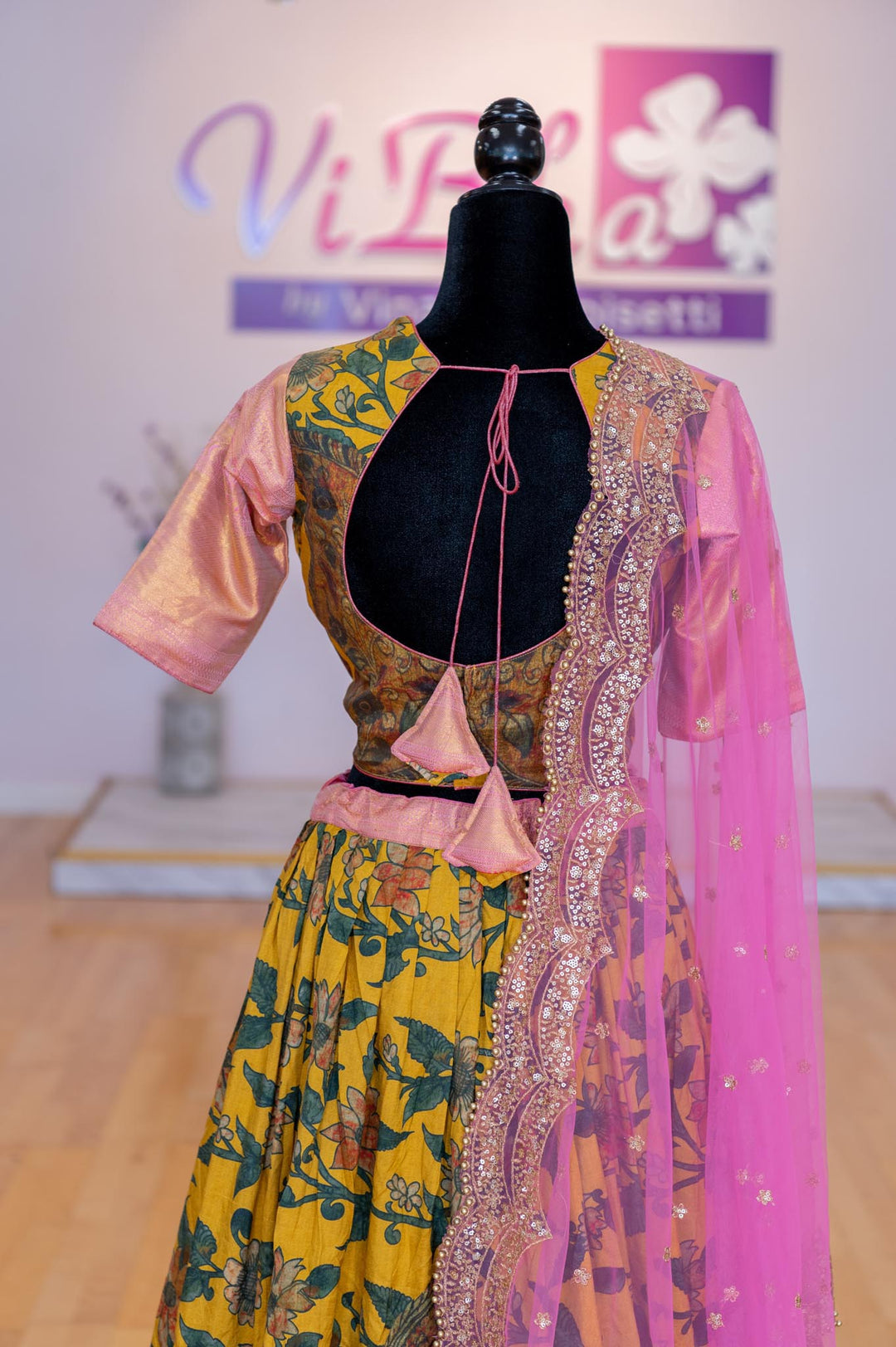 Lehengas - Mustard Yellow And Light Pink Pen Kalamkari Lehenga