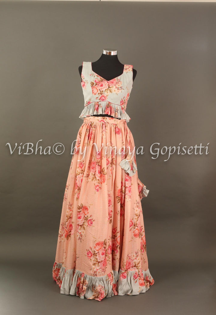 Lehengas - Peach And Powder Blue Floral Shimmery Georgette Skirt Croptop