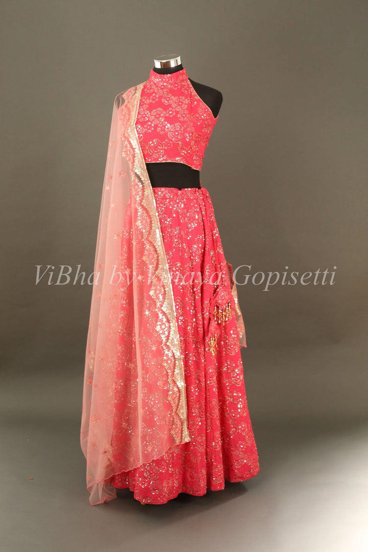 Lehengas - Pink And Light Pink Floral Sequin Lehenga