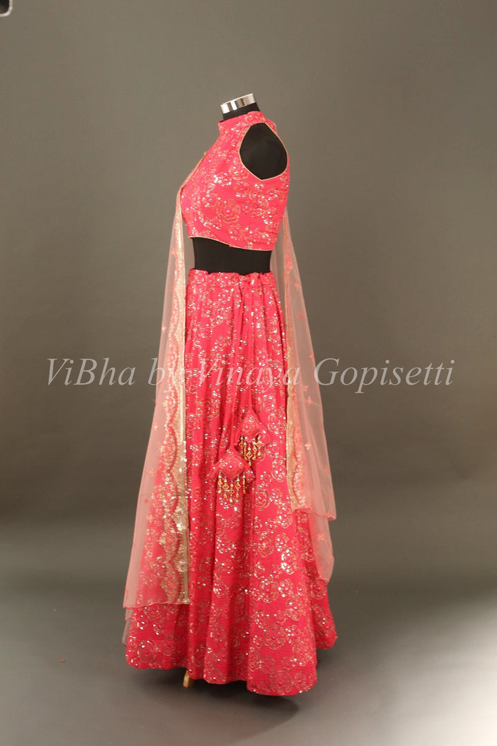 Lehengas - Pink And Light Pink Floral Sequin Lehenga