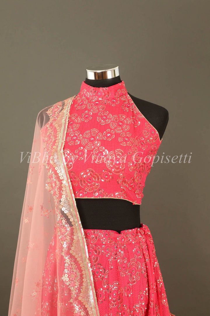 Lehengas - Pink And Light Pink Floral Sequin Lehenga