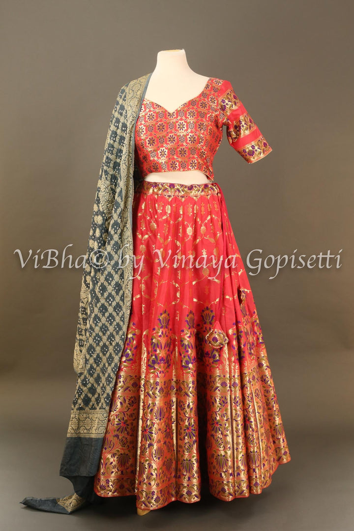 Lehengas - Pink Banarasi Silk Lehenga