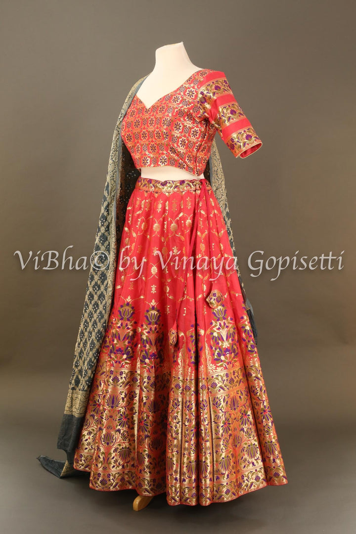 Lehengas - Pink Banarasi Silk Lehenga