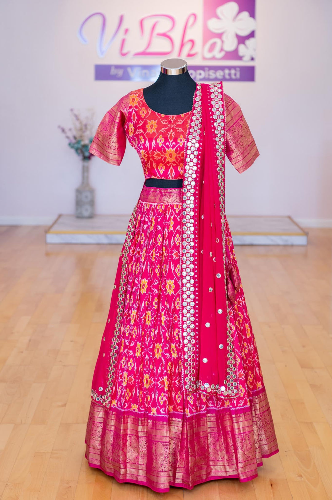 Lehengas - Pink Lehenga With Magenta Pink Border Ikkat Silk Lehenga