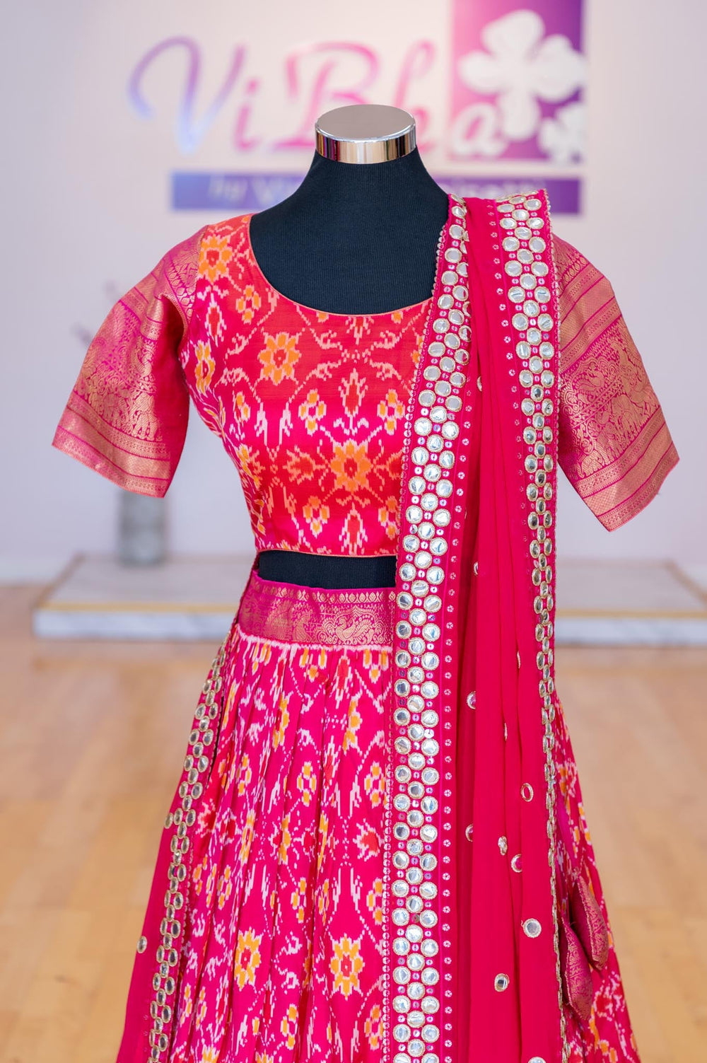 Lehengas - Pink Lehenga With Magenta Pink Border Ikkat Silk Lehenga