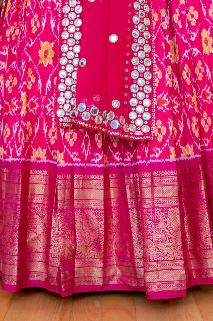 Lehengas - Pink Lehenga With Magenta Pink Border Ikkat Silk Lehenga