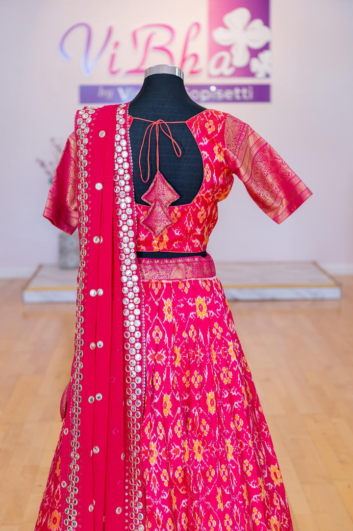 Lehengas - Pink Lehenga With Magenta Pink Border Ikkat Silk Lehenga