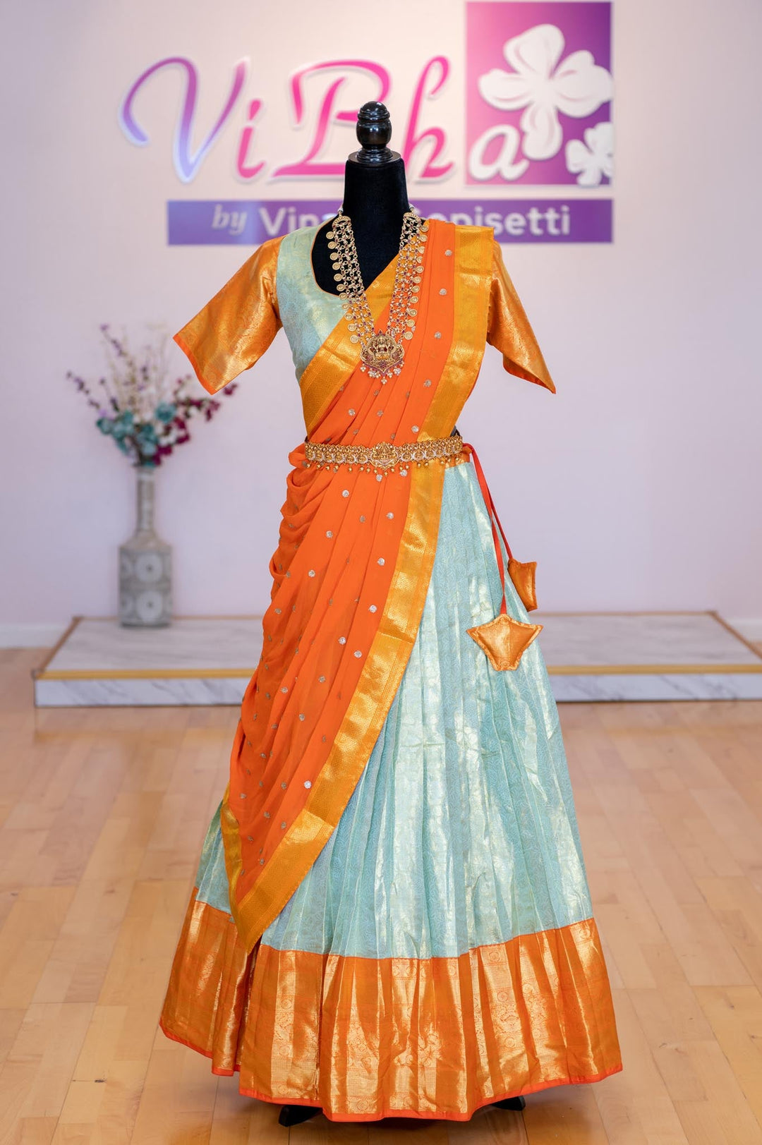 Lehengas - Pista Green And Orange Border Kanjivaram Silk Lehenga