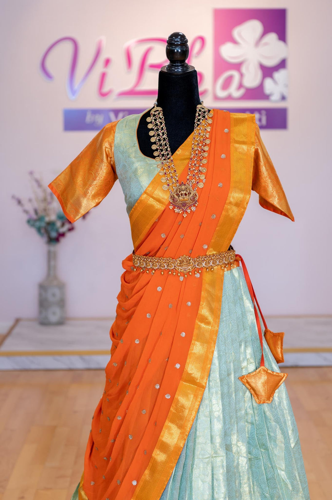 Lehengas - Pista Green And Orange Border Kanjivaram Silk Lehenga