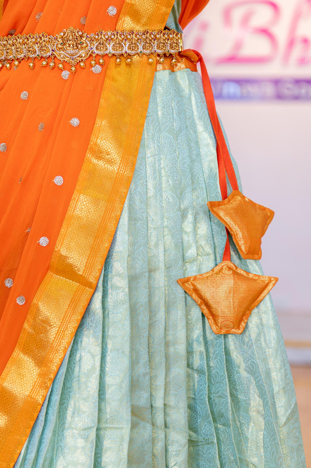 Lehengas - Pista Green And Orange Border Kanjivaram Silk Lehenga