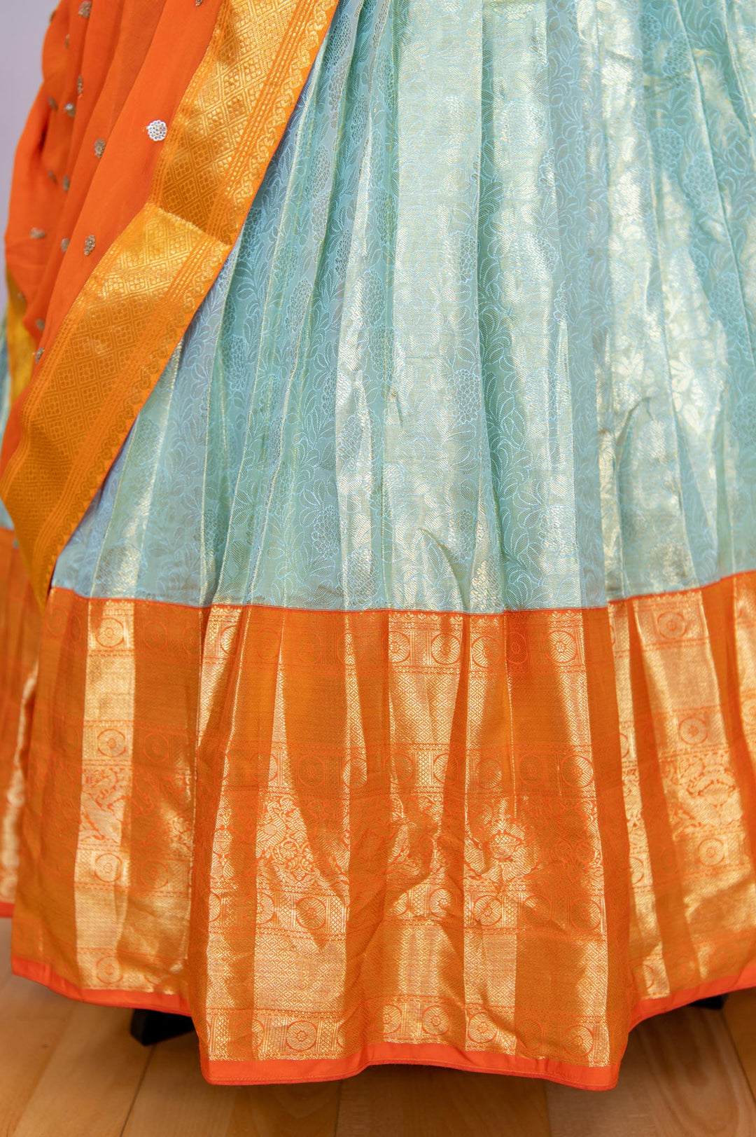 Lehengas - Pista Green And Orange Border Kanjivaram Silk Lehenga