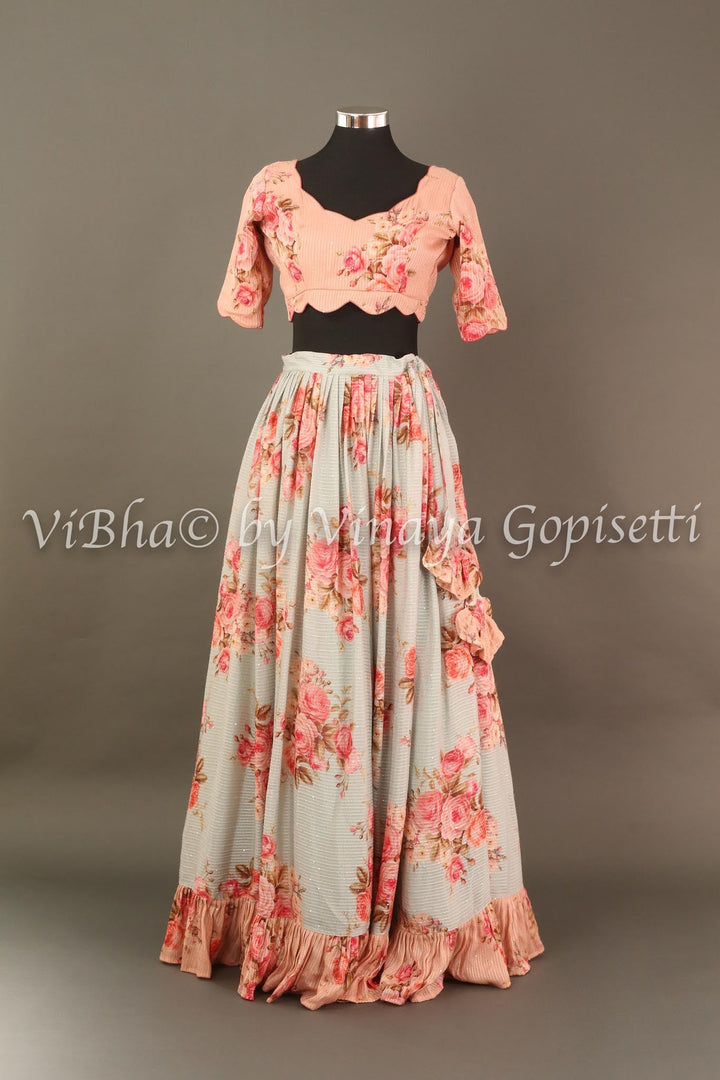 Lehengas - Powder Blue And Peach Shimmery Georgette Skirt Croptop