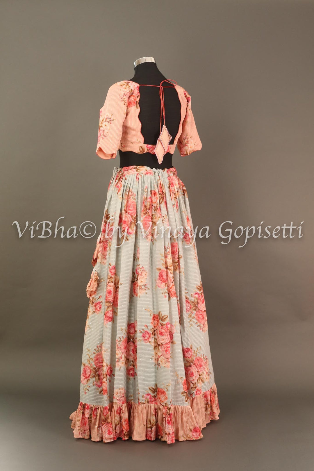 Lehengas - Powder Blue And Peach Shimmery Georgette Skirt Croptop