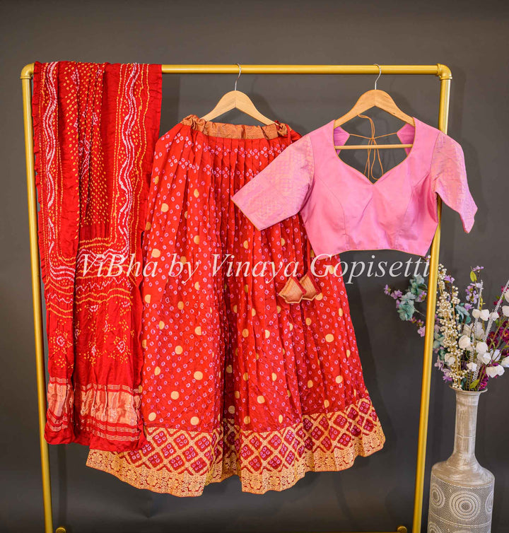 Lehengas - Red And Pink Kanchi Bandhani Lehenga Set