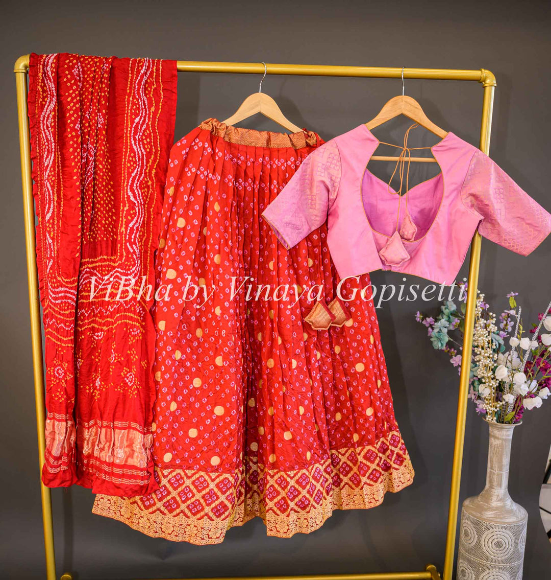 Lehengas - Red And Pink Kanchi Bandhani Lehenga Set