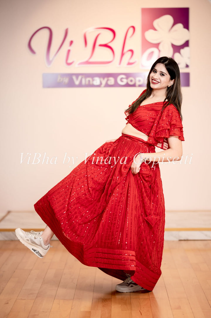 Lehengas - Red Georgette Skirt And Crop Top With Ruffle Sleeves