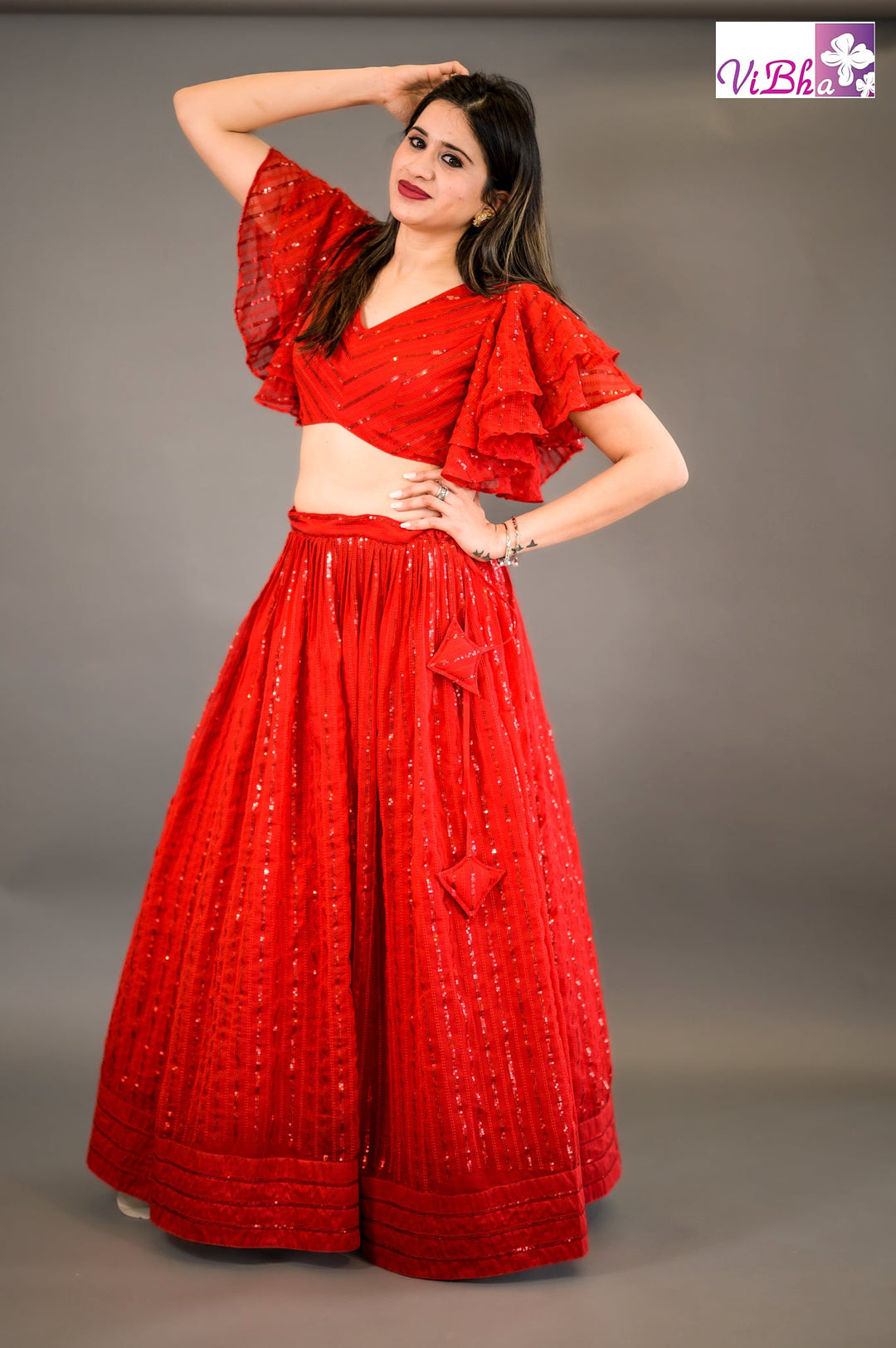 Lehengas - Red Georgette Skirt And Crop Top With Ruffle Sleeves