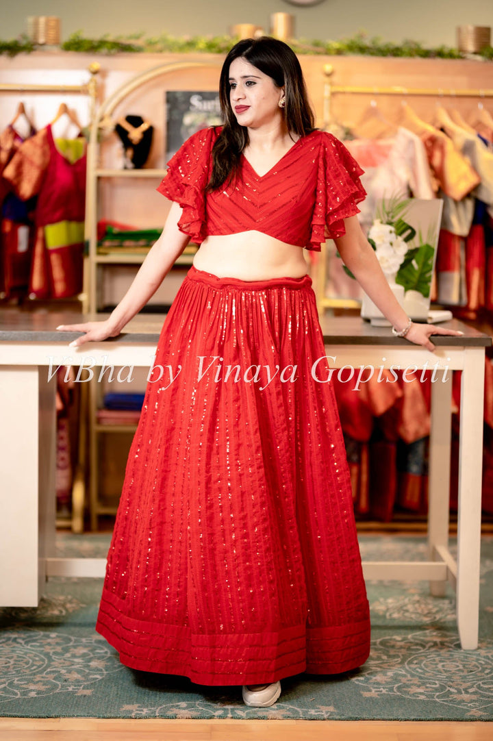 Lehengas - Red Georgette Skirt And Crop Top With Ruffle Sleeves