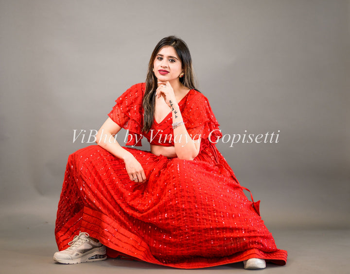 Lehengas - Red Georgette Skirt And Crop Top With Ruffle Sleeves