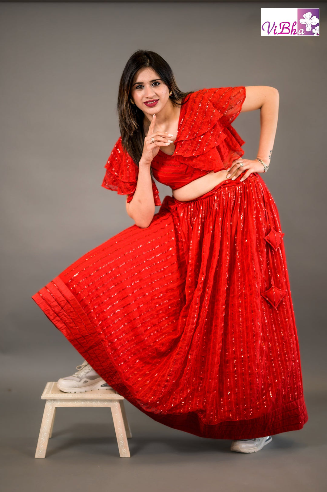 Lehengas - Red Georgette Skirt And Crop Top With Ruffle Sleeves