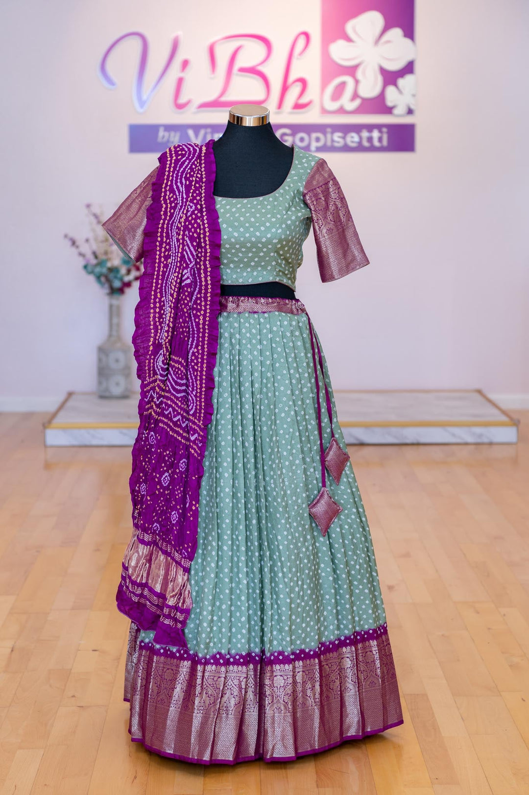 Lehengas - Sage Green And Purple Kanchi Bandhini Lehenga