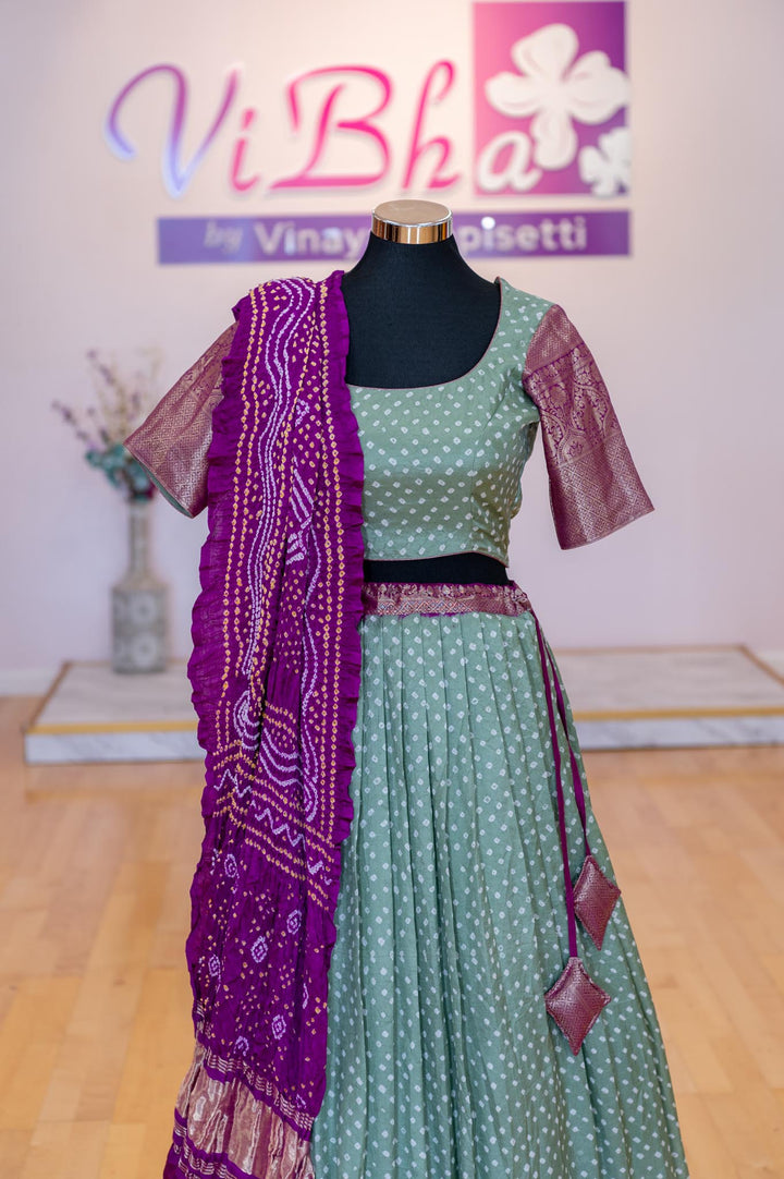 Lehengas - Sage Green And Purple Kanchi Bandhini Lehenga