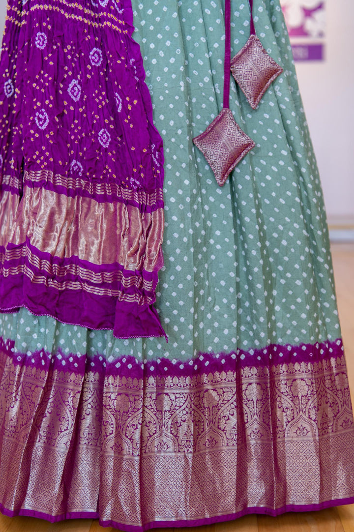 Lehengas - Sage Green And Purple Kanchi Bandhini Lehenga