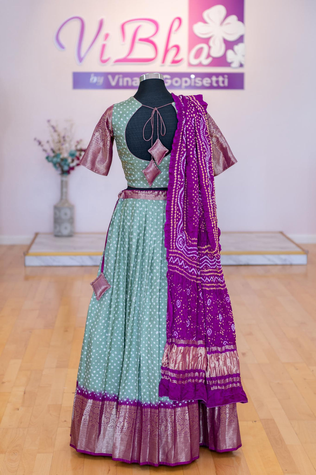 Lehengas - Sage Green And Purple Kanchi Bandhini Lehenga