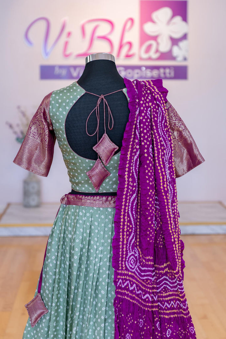 Lehengas - Sage Green And Purple Kanchi Bandhini Lehenga