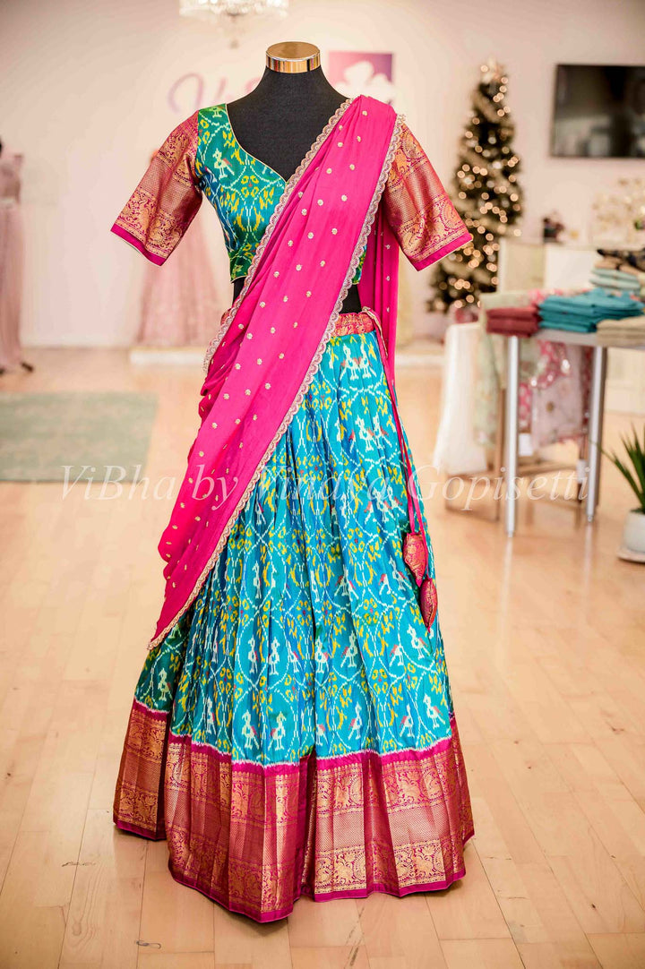 Lehengas - Seagreen And Magenta Pink Ikkat Silk Lehenga