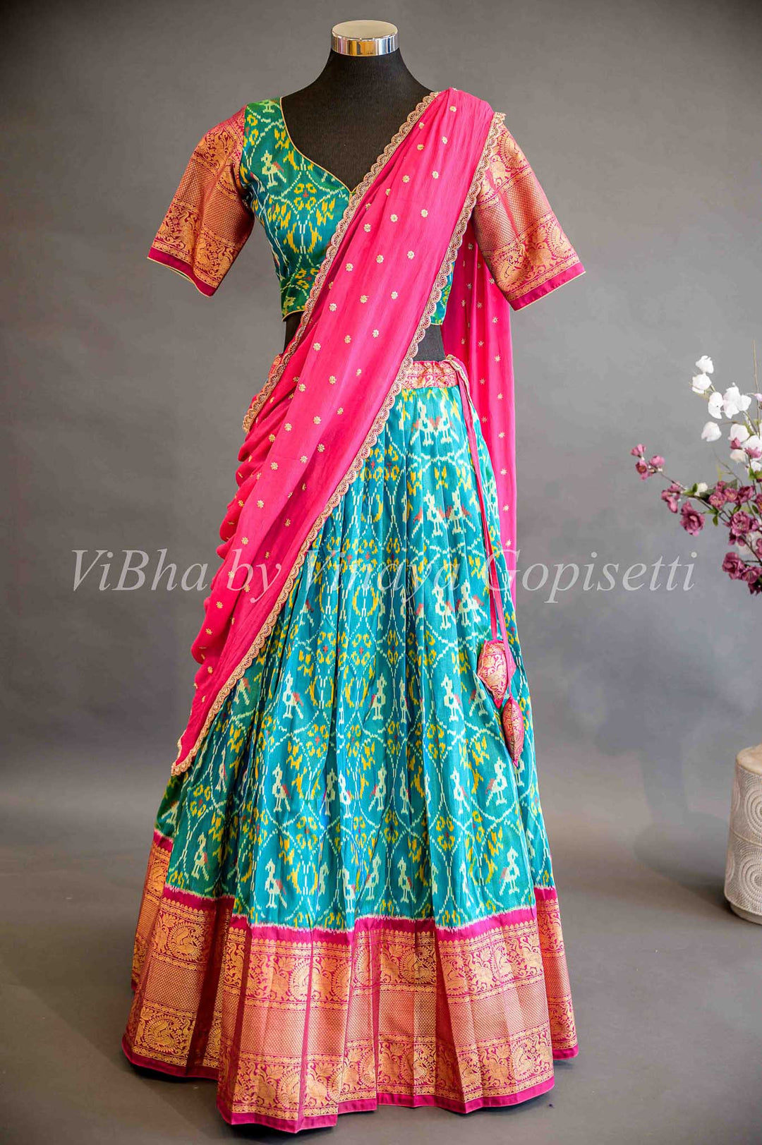 Lehengas - Seagreen And Magenta Pink Ikkat Silk Lehenga