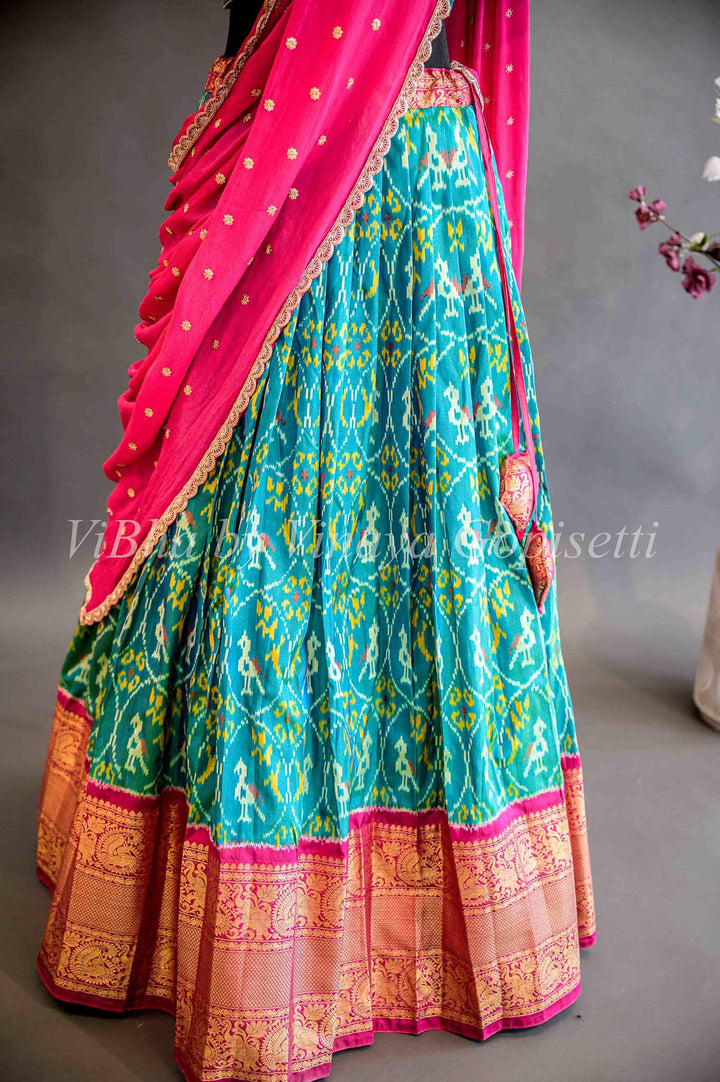 Lehengas - Seagreen And Magenta Pink Ikkat Silk Lehenga