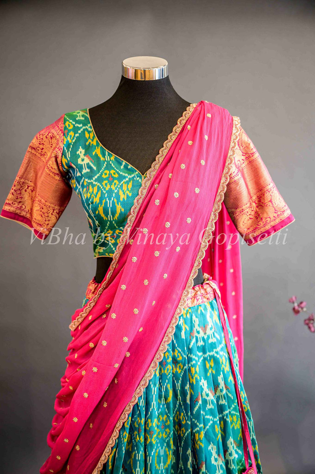 Lehengas - Seagreen And Magenta Pink Ikkat Silk Lehenga