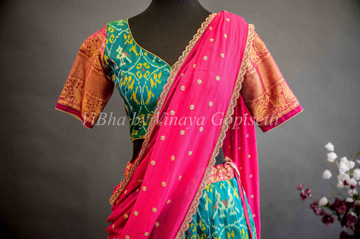 Lehengas - Seagreen And Magenta Pink Ikkat Silk Lehenga