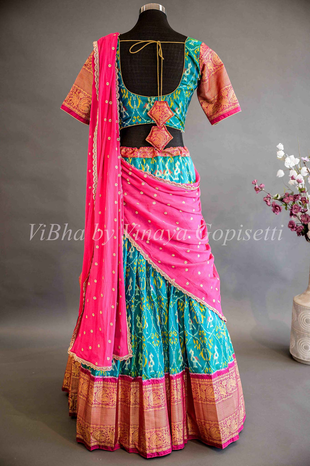 Lehengas - Seagreen And Magenta Pink Ikkat Silk Lehenga