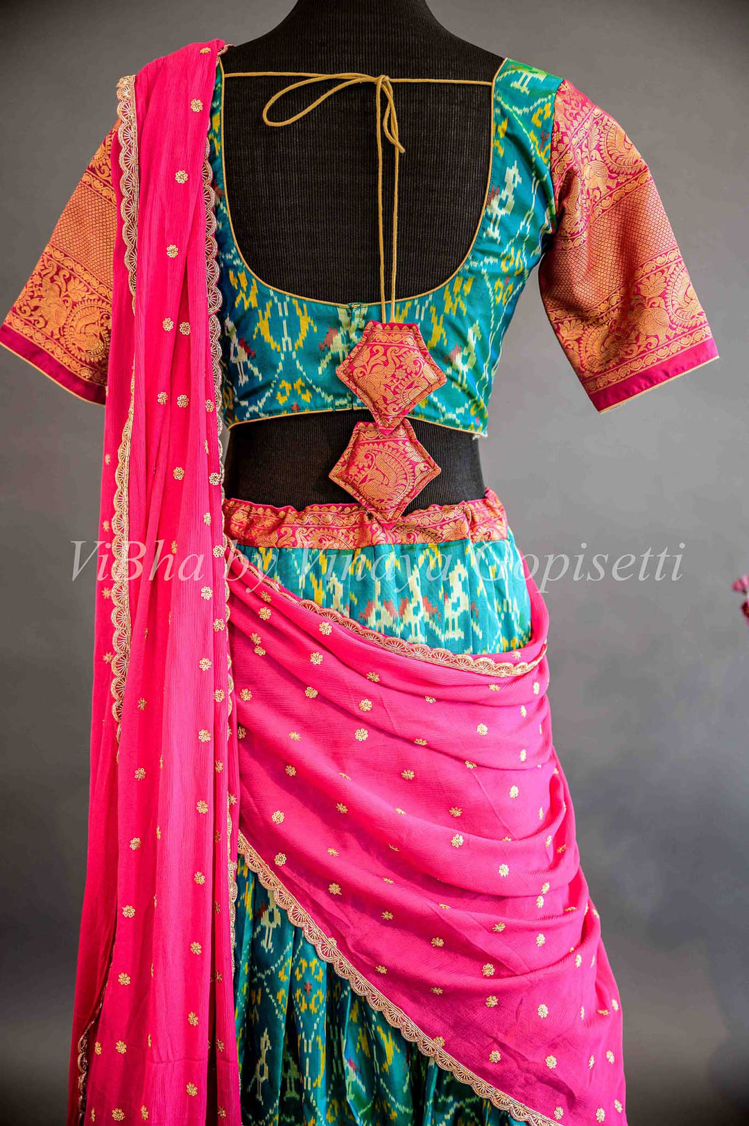 Lehengas - Seagreen And Magenta Pink Ikkat Silk Lehenga