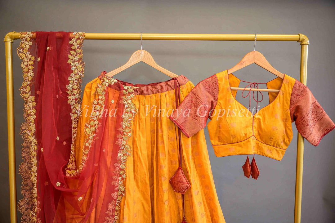 Lehengas - Turmeric Yellow And Maroon Red Kanchi Silk Halfsaree