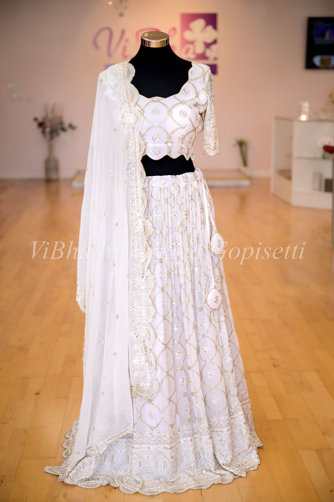 Lehengas - White Georgette Lehenga Set With Resham Zari And Crystal Embroidery