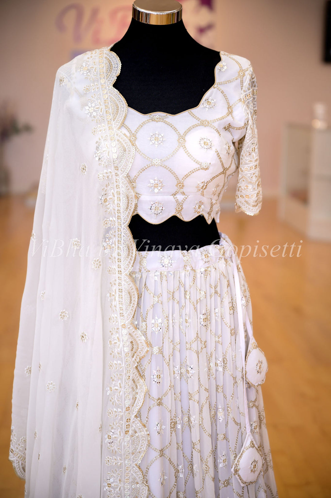 Lehengas - White Georgette Lehenga Set With Resham Zari And Crystal Embroidery