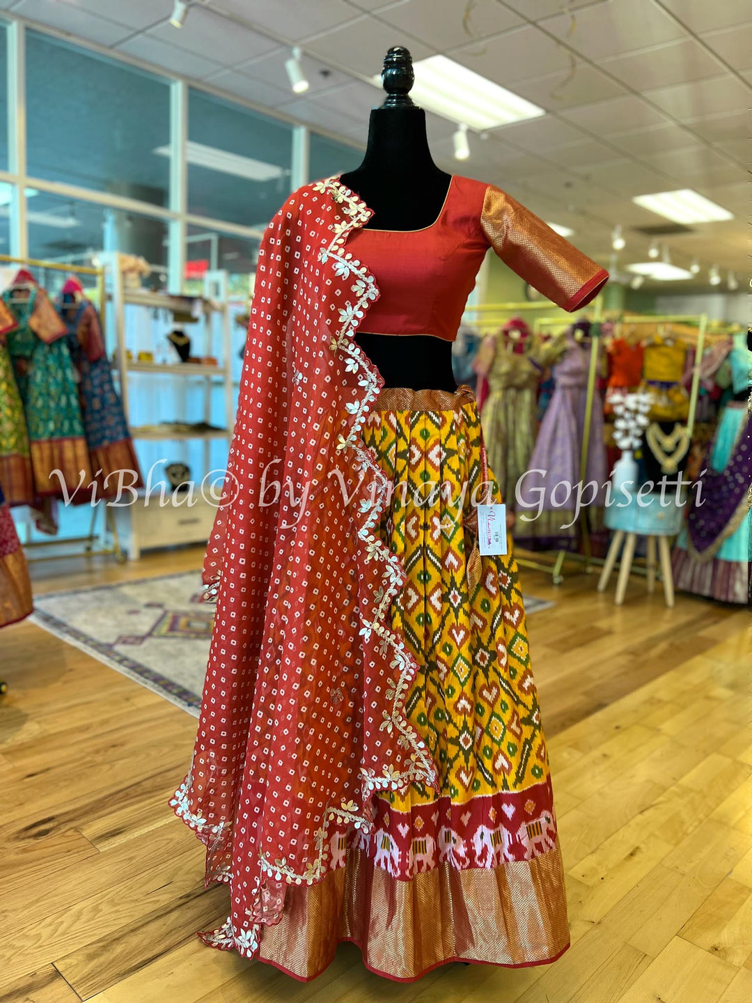 Lehengas - Yellow And Crimson Red Ikkat Silk Pre-teen Lehenga