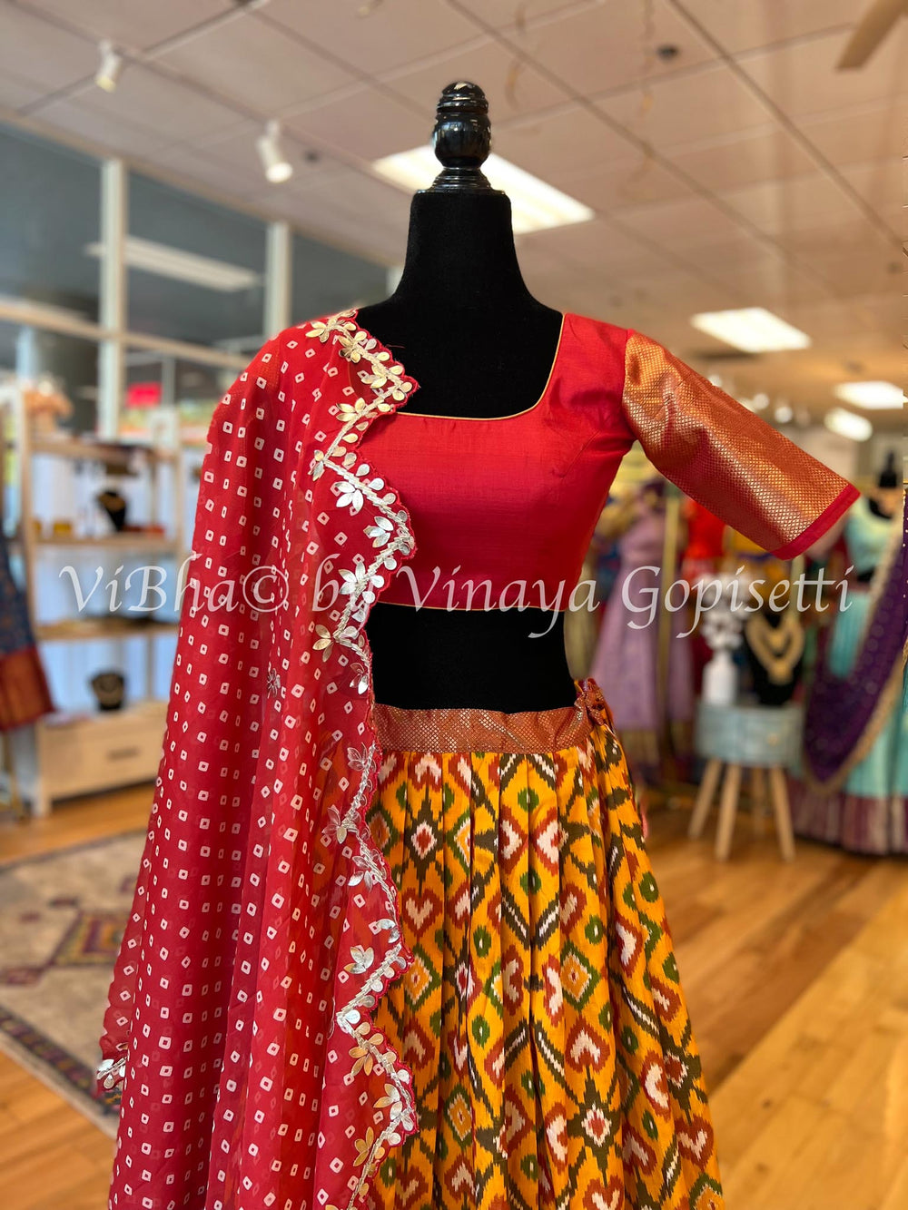 Lehengas - Yellow And Crimson Red Ikkat Silk Pre-teen Lehenga