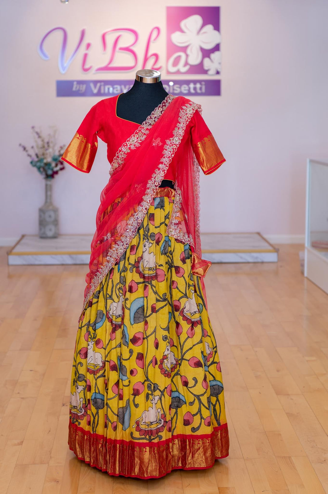 Lehengas - Yellow And Crimson Red Pen Kalamkari Lehenga