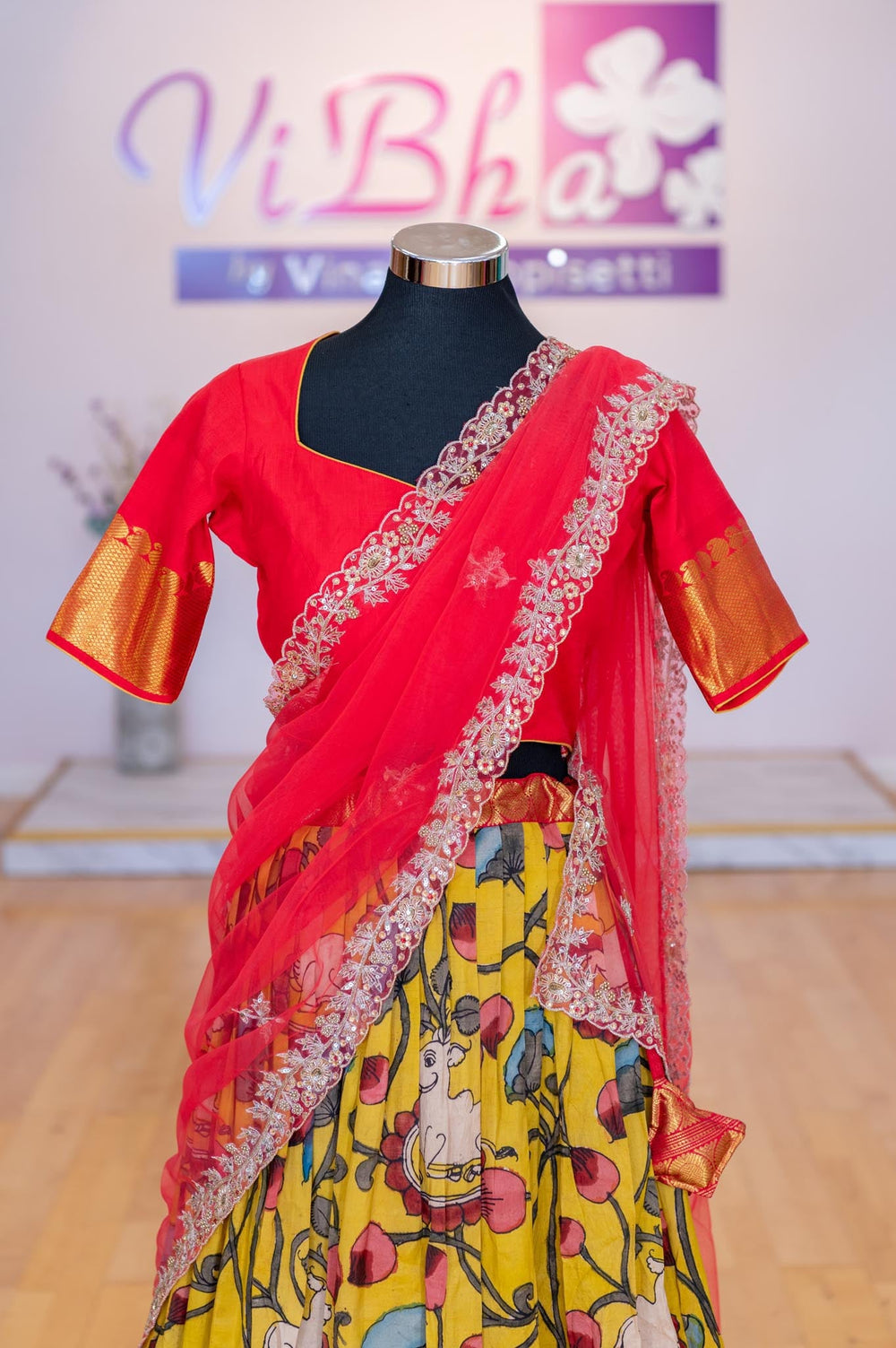 Lehengas - Yellow And Crimson Red Pen Kalamkari Lehenga