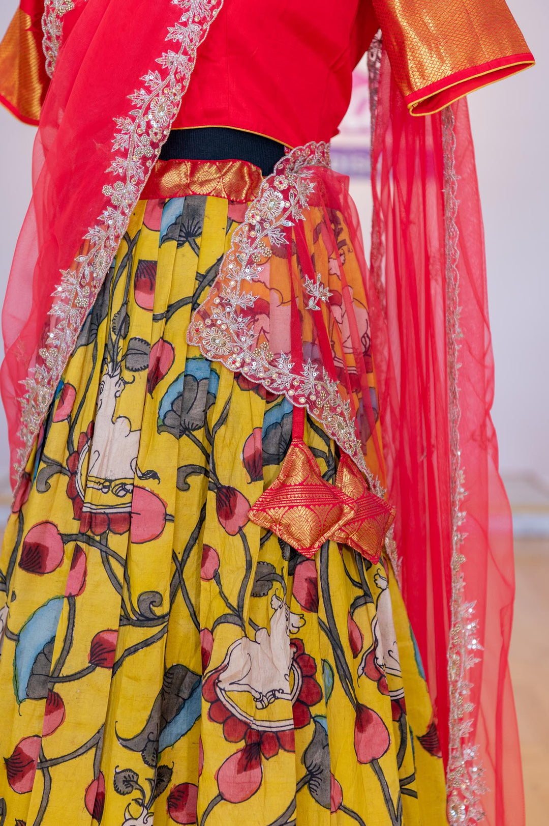 Lehengas - Yellow And Crimson Red Pen Kalamkari Lehenga