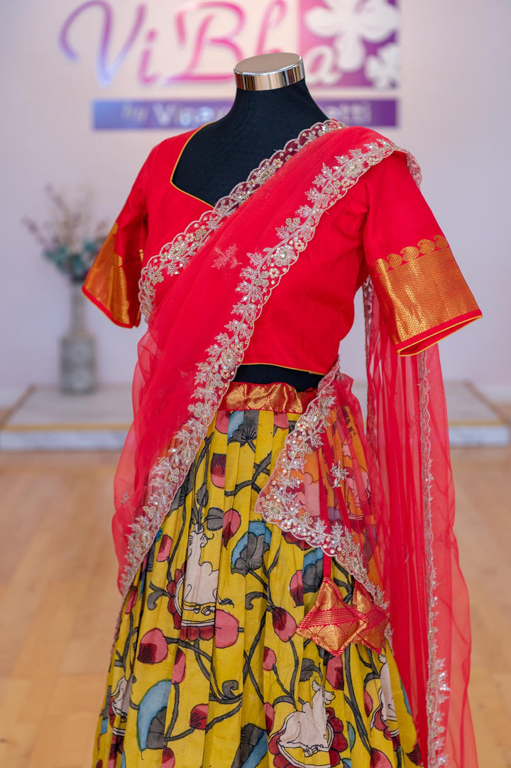 Lehengas - Yellow And Crimson Red Pen Kalamkari Lehenga