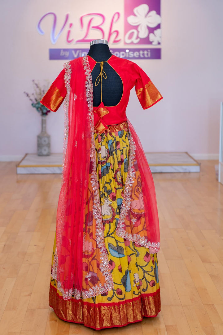 Lehengas - Yellow And Crimson Red Pen Kalamkari Lehenga