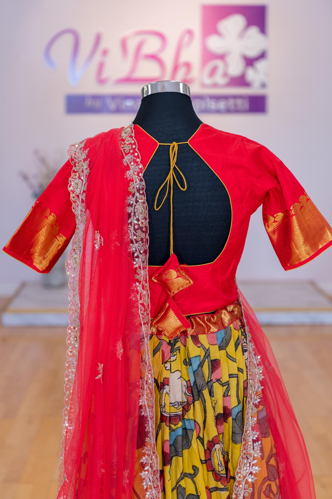 Lehengas - Yellow And Crimson Red Pen Kalamkari Lehenga